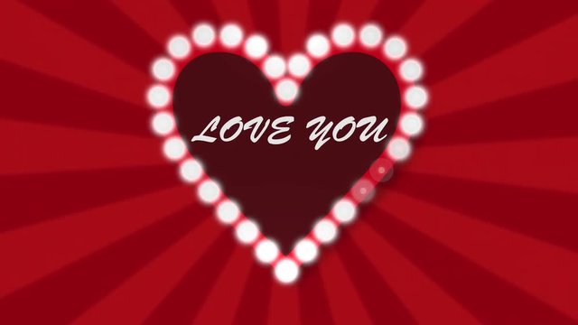 Love heart flashing blubs on red sunbeam background, retro style neon light. Loop animation background. 