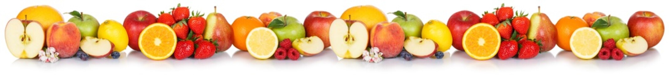 Fresh fruits collection apple apples banner orange strawberries berries fruit isolated on white in a row