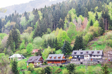 Spania Dolina, Slovakia. Famous place in the Slovak Tatras. Visited tourist place. Mountain, houses, village. Postcard.
