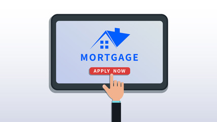 Apply for home mortgage loan online. Flat tablet or smartphone with house logo, hand finger click apply now button isolated on white table or background. .