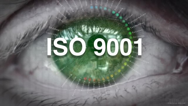 Close up of an eye focusing on an ISO 9001 concept on a futuristic screen.