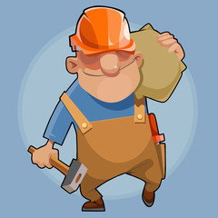 cartoon male builder walks with a bag on his shoulder and a hammer in his hand