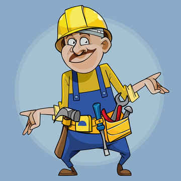 cartoon smiling male builder in helmet and tools belt throws up his arms to  the side Stock Vector | Adobe Stock