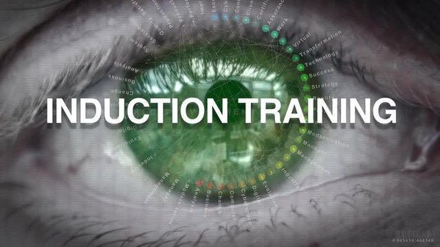 Close up of an eye focusing on a Induction Training concept on a futuristic screen.
