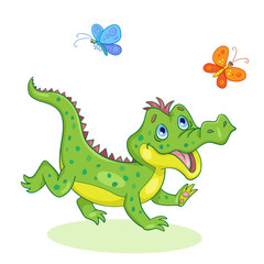 Obraz premium Funny little crocodile runs for butterflies. In cartoon style. isolated on white background. Vector illustration.