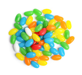 Delicious colorful jelly beans isolated on white, top view