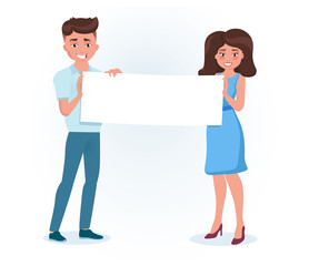 Man and woman present an idea. Cartoon characters with paper document isolated on white background.