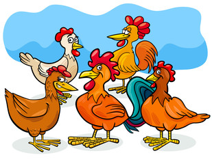 funny chickens cartoon farm animals group