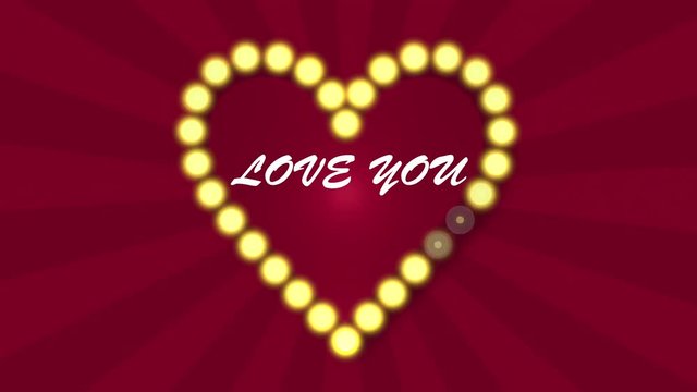 Love heart with flashing blubs on red sunbeam background, retro style neon light. Loop animation background. 4k