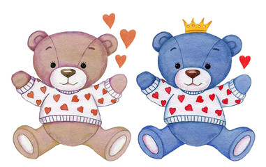 Cute watercolor cartoon teddy bears brown and blue. Hand drawn isolated illustration.