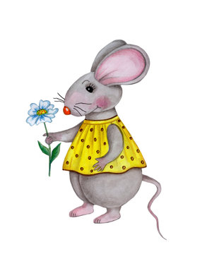 Watercolor illustration of cute cartoon mouse in yellow dress, hand  drawn, isolated.