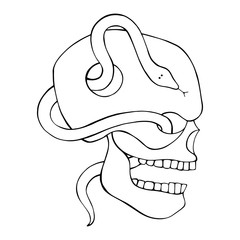 Vector black and white hand drawn illustration of skull with snake, tooth, silhouette face of human Print horror for t shirt. Mexican style, day of the dead, halloween. Sketch, doodle drawing.