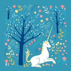  unicorn garden on teal blue background