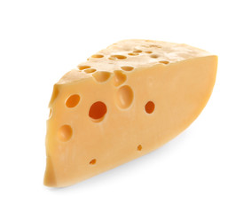 Piece of delicious cheese on white background
