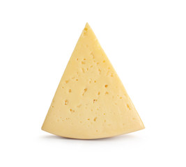 Piece of delicious cheese on white background