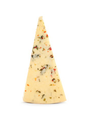 Piece of delicious cheese on white background