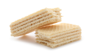 Delicious broken crispy wafer on white background. Sweet food