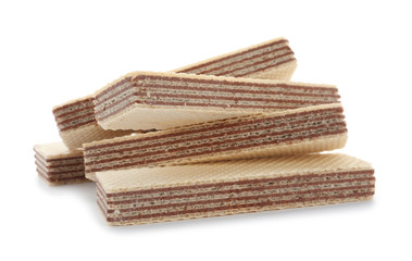 Delicious crispy wafers on white background. Sweet food