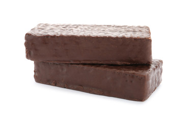 Delicious wafer sticks with chocolate coating isolated on white
