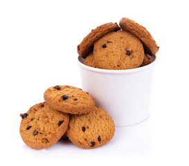 Chocolate chip cookie in bolwl on white background