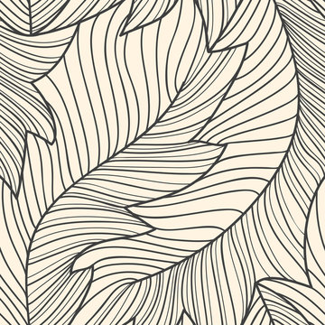 Linear Engraving Banana Leaves Seamless Pattern, Repeating Floral Pattern