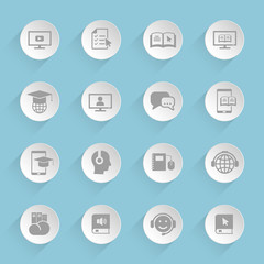 e learning gray vector icons on round puffy paper circles with transparent shadows on blue background for web, mobile and user interface design