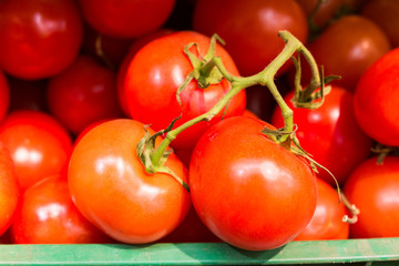 delicious ripe tomatoes on the supermarket counter