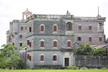 horizon view of china old town with the tower in field: Kaiping diaolou area,