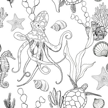Line art seamless pattern with octopus and underwater plants and animals. Hand painted seahorse, turtle and starfish isolated on white background. Aquatic outline illustration for print or background.