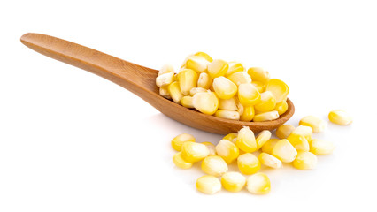 Fresh corn in wooden spoon isolated on white background