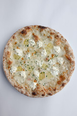 Gourmet Pizza with potato and cheese (fior di latte) Isolated on white plate and white background.