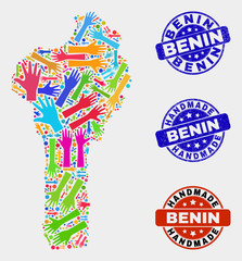 Vector handmade composition of Benin map and textured stamp seals. Mosaic Benin map is done of randomized bright colorful hands. Rounded seals with distress rubber texture.