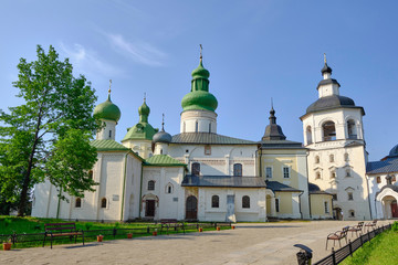 Fototapeta na wymiar Scenic view of cathedral in old Cyril-Belozersky Monastery in Kirillov. Beautiful summer sunny look of ancient orthodox temple in center of monastery in Vologodskaya oblast in Russian Federation