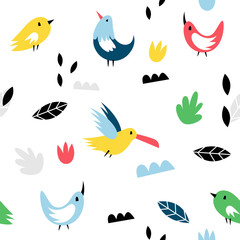 Vector seamless pattern with birds in Scandinavian style. Cute, modern print