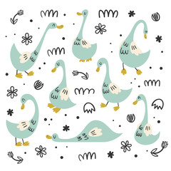 Vector set of isolates with Geese, ducks. Flat, cartoon, Doodle styles. Bird character