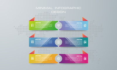 Infographic template with 6 options, workflow, process chart,Timeline infographics design vector can be used for workflow layout, diagram, annual report, web design, steps or processes. - Vector