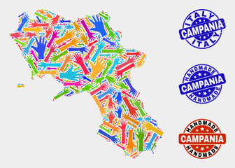 Vector handmade composition of Campania region map and rubber seals. Mosaic Campania region map is created with randomized bright colorful hands. Rounded seals with distress rubber texture.