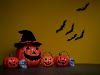 Halloween decorations with pumpkins and bats