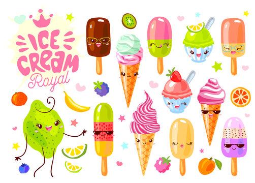 Cute ice cream frozen juice ice lolly funny characters set. Isolated on white background. Smiling cartoon happy face kids style collection. Hand drawn vector illustration.