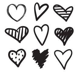 Hand drawn grunge hearts on isolated white background. Set of love signs. Unique image for design. Black and white illustration. Sketchy elements