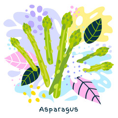 Fresh asparagus vegetable juice splash organic food juicy vegetables splatter on abstract coloful splatter splash background vector hand drawn illustrations