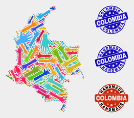 Vector handmade collage of Colombia map and rubber seals. Mosaic Colombia map is constructed with scattered bright colorful hands. Rounded watermarks with distress rubber texture.