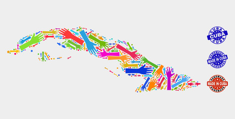 Vector handmade composition of Cuba map and unclean watermarks. Mosaic Cuba map is constructed with scattered bright colorful hands. Rounded watermarks with unclean rubber texture.