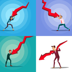 Character Bankrupt Man And Red Arrow Set Vector. Bankrupt Businessman Hold And Try Stop Symbol Of Bankruptcy And Failure, Crisis And Finance Losses On Stock Exchange Market. Flat Cartoon Illustration