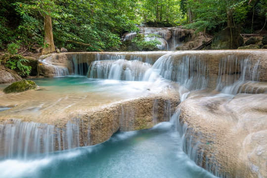 Beautiful waterfall in Erawan waterfall National Park in Kanchanaburi, Thailand © tonefotografia