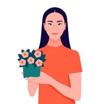 Asian girl holding a potted plant. Florist shows a flower to the buyer in the store. Vector flat illustration