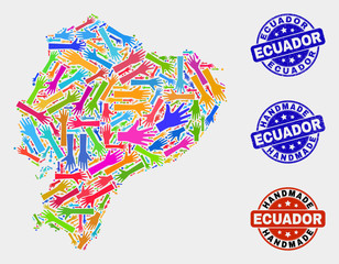 Vector handmade composition of Ecuador map and rubber seals. Mosaic Ecuador map is made from scattered bright colorful hands. Rounded seals with grunge rubber texture.