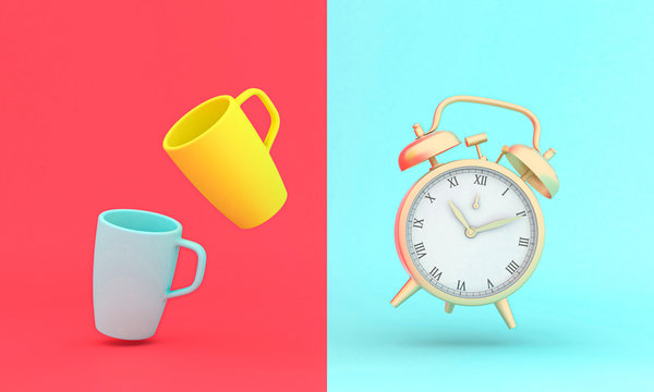 vintage gold alarm clock and stylized cups on two-tone background, flat lay style,