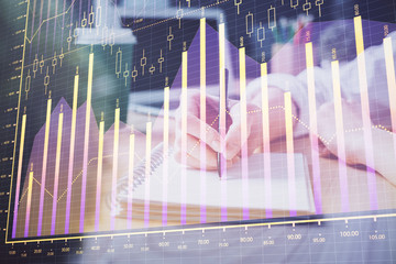 Forex chart displayed on woman's hand taking notes background. Concept of research. Double exposure