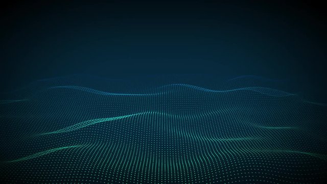A futuristic wave of coloured blue dots changing shape against a dark blue background